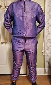Vtg Shiny Purple Tracksuit Elastic Sz M/L. Jacket & Pants Set