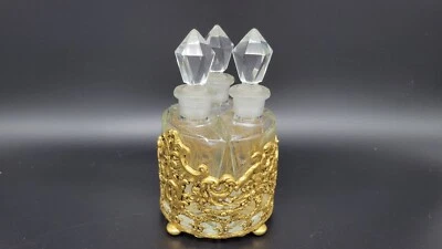 VINTAGE TRIPLE GLASS PERFUME BOTTLE SET with PAINTED METAL BASKET - Image 1 of 4