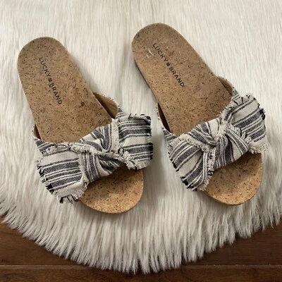 Lucky Brand Size 6 M Black Stripe Fabric Bow Cork Floritan Slip On Sandal Flats - Image 1 of 4