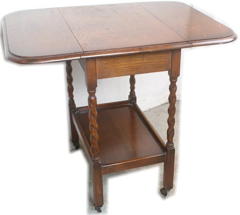 Antique British Oak Barley Twist Tea Trolley Cart Table Dumbwaiter-Bad Wheels Cover