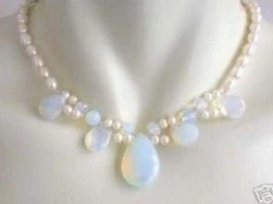 7-8mm Blue Fire Opal Drop Gems and White Freshwater Pearl Cluster Necklace 18'' - Picture 1 of 6