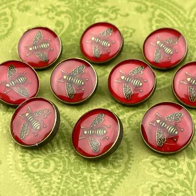 10 GUCCI BEE BUTTONS RED GOLD METAL ROUND 15MM VINTAGE - Image 1 of 4
