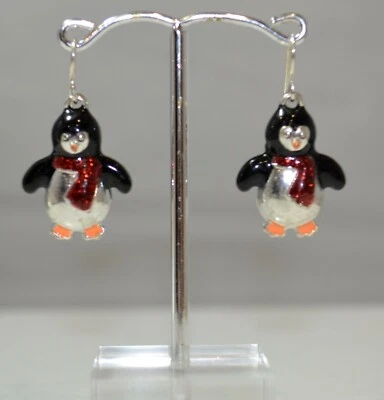 Vacanza Inverno Pinguim Gancio Orecchini Pendenti Rosso Nero Smalto Argento 12E - Immagine 1 di 4
