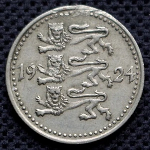 1924 ESTONIA - 1 MARK - NICKEL BRASS - Three Lions - Picture 1 of 2