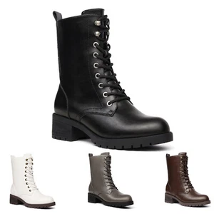 Women Lace-up Combat Boots Mid-calf Military Winter Boot Round Toe Zipper - Picture 1 of 10