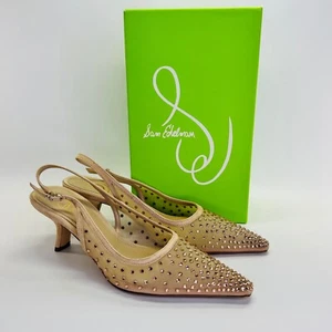 Sam Edelman Bianka Slingback Mesh Pump Sz 8.5 Nude Beige Rhinestone Kitten Heel - Picture 1 of 15