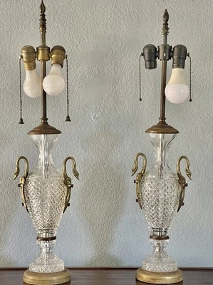 Pair Of Bronze Mounted Cut Glass Antique Table Lamp - Empire Style - Image 1 of 4