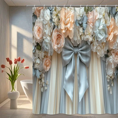 1pc Romantic Floral Bow Pastel Rose Hydrangea Bathroom Shower Curtain - Image 1 of 4