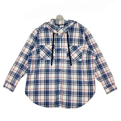 Camisa Columbia para mujer 2X a cuadros en cualquier momento manga larga con botones capucha relajada informal Foto 1 de 4