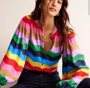 Boden Blouson Sleeve Blouse in Multicolor Rainbow Wave Colorful Button US 6 - Picture 1 of 8