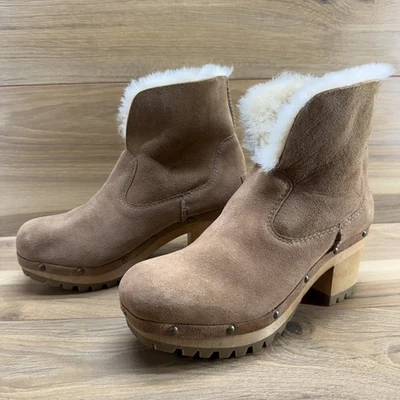 UGG Thebes Clog Boots Womens 7 Chestnut Suede Square Toe Fur Lined - Image 1 of 4