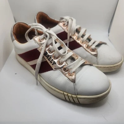 Bally Women's Size 5.5 White Leather Sneakers with Burgundy Stripe Switzerland - Image 1 of 4