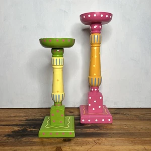 Whimsical pair of pillar candle holders. Wood. Pink and green. Cheery! 17  & 14” - Picture 1 of 12
