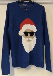 MENS NOVELTY CHRISTMAS THEMED SANTA WITH SUNGLASSES BLUE JUMPER SIZE 2XL PRIMARK - Picture 1 of 11