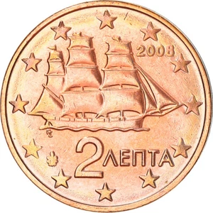 [#381960] Grecja, 2 eurocent, 2008, Athens, UNZ+, Copper Plated Steel, KM - Zdjęcie 1 z 2