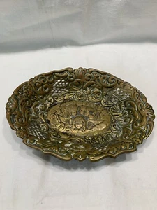Vtg Brass Ornate Latticework Pierced Oval trinket Tray Cherub Angels Roses 6x5” - Picture 1 of 12
