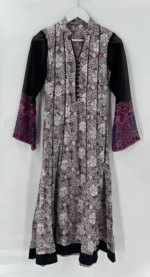 Vintage Womens Dress Small/Medium Purple Black Maxi Button Chest Bell Sleeves - Image 1 of 4