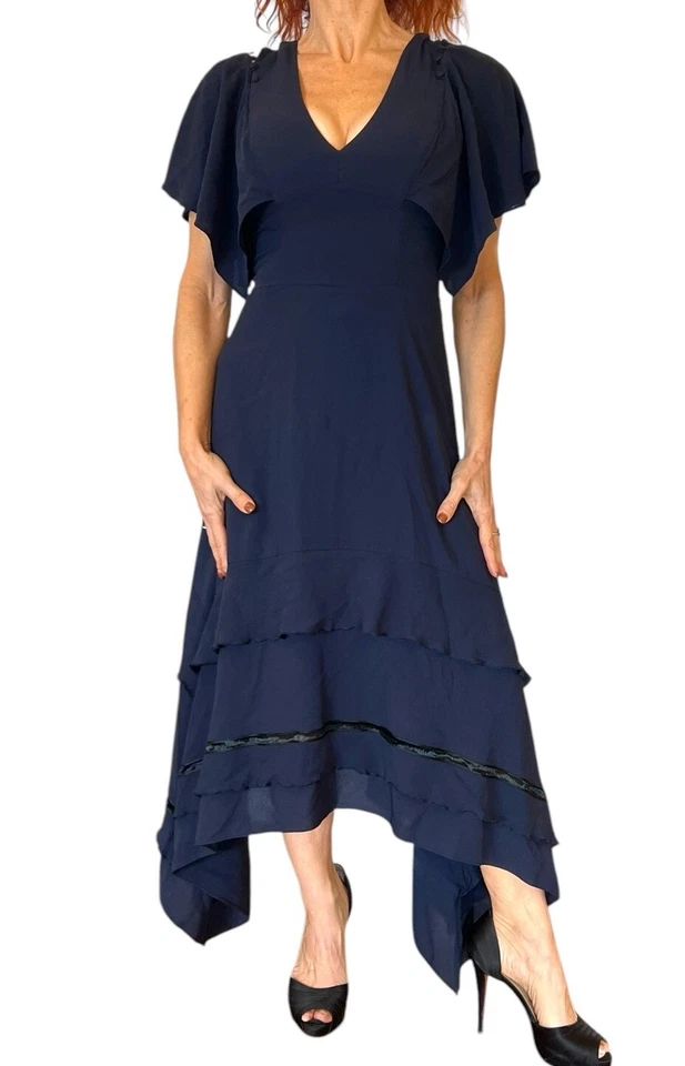 VESTIDO MIDI DEREK LAM SEDA AZUL MARINO VOLANTE ASIMÉTRICO CAPAS MANGA CORTA 2 Foto 1 de 4