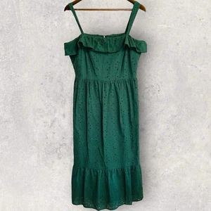 LOFT Midi Dress Womens 8 Smocked Cotton Ruffle Eyelets Lined Forest Green NEW - Picture 1 of 12