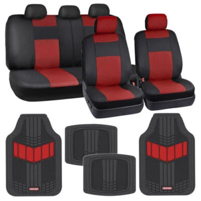 PU Leather Split Bench Seat Cover Set and Heavy Duty Rubber Floor Mats Car Truck - Image 1 of 4