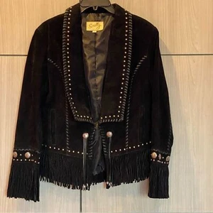 Scully Black Fringe Leather Suede Jacket Studs Size L Large - Picture 1 of 15