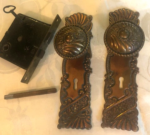Set Vintage Brass Doorknobs Back Plates and Lock Very Fancy Door Cover