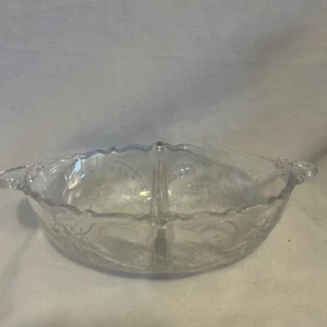 Vintage Heisey 8” Clear Glass Divided Rose Etched Handled Bowl SEE PICTURES  - Picture 1 of 20