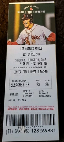 RED SOX 2019 TICKET 8/10/19 VS ANGELS Mike Trout HR  # 279 1st at Fenway rare Cover