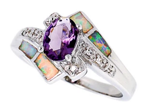 Fine Women Silver Rhodium Plated Opal Inlay Ring Oval Shape Violet Purple 13mm - Picture 1 of 1