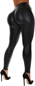 SEASUM Women'S Faux Leather Leggings Pants PU Elastic Shaping Hip Push up Black - Picture 1 of 29
