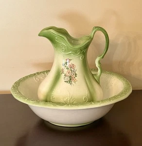 Vintage IRONSTONE  Large Green  12" Floral Water Pitcher & 16” Basin Bowl - Picture 1 of 6
