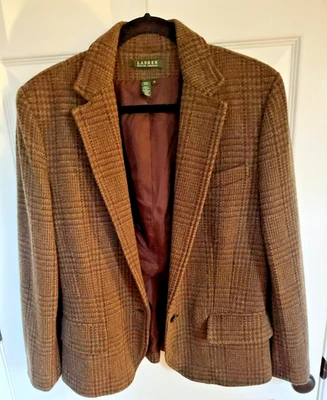 Ralph Lauren Women’s Wool Blazer Jacket Glen Plaid Brown Cropped Size 14 - Image 1 of 4