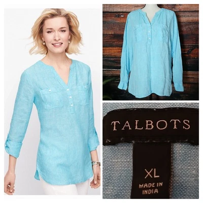 Blusa Talbots XL 100 % Lino Pintuck Popover Azul Prenda Teñida Puños con Pestaña Enrollable  Foto 1 de 4