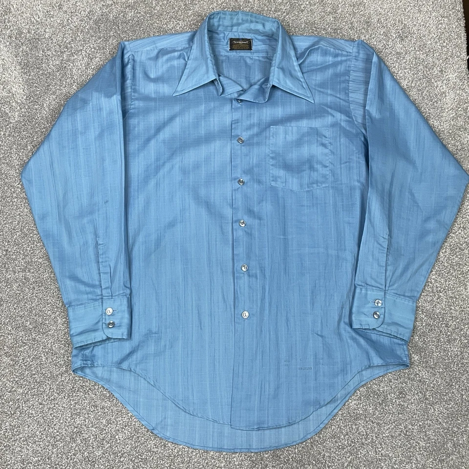 Penneys Towncraft Penn-Prest Shirt Mens L 16-16.5 True Vintage Blue 60s 70s Thin - Image 1 of 4