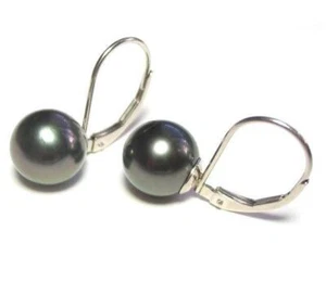 Pendientes traseros de palanca trasera de perlas negras genuinas tahitianas de 9-10 mm amarillo o oro blanco 14K - Imagen 1 de 2