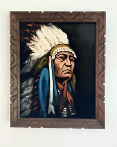 Vintage 22,5x18 Samtgemälde Indianer Krieger tapferer Häuptling Kopfschmuck - Bild 1 von 9
