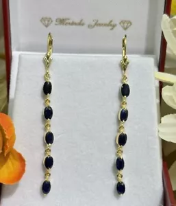 14k Solid Yellow Gold Lever Back Dangle Earrings, Natural Sapphire. 2.68 Grams - Picture 1 of 5