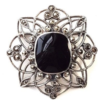 Onyx Opulence BLACK ONYX STONE PIN BROOCH Marcasite .925 STERLING SILVER  - Image 1 of 2