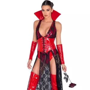 Vampirkostüm Vinyl Spitze Kleid Strampler hoher Kragen Taille Cincher Handschuhe 5024 - Bild 1 von 4