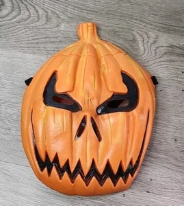 Rubber Halloween Pumpkin Face Mask Orange Black Creepy Scary Elastic Strap - Picture 1 of 3