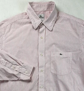 Lacoste Button Up Shirt Mens 42 Long Sleeve White Pink Stripe 100% Cotton Logo - Picture 1 of 12