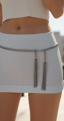 Damen Silber Metallkette Fransen Quasten Premium Gürtel Saison Hip Hoch Bund S M - Bild 1 von 4