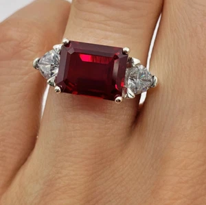 5.50 Ct Emerald Cut Certified Real Ruby & Diamond Wedding Ring 950 Platinum - Picture 1 of 11