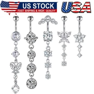 14G Dangle Belly Button Rings Surgical Steel Silver Belly Button Rings Dangling - Picture 1 of 7