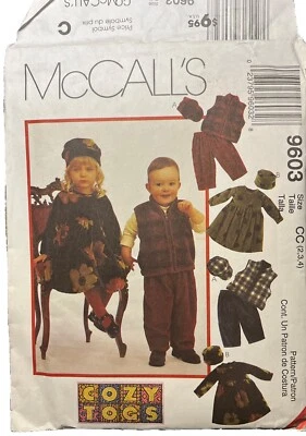 McCall's 9603 Boys Girls Dress, Vest, Pull-On Pants & Hats Sewing Pattern 1-2-3 - Image 1 of 3