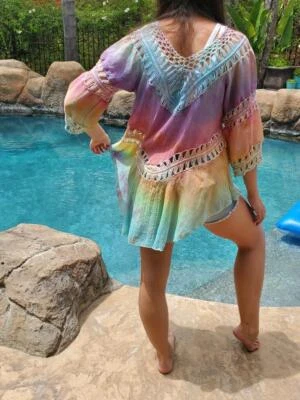 Maya Antonia Hand Tie-Dye  Rainbow Flowy Boho Top, Tunic/Dress, Crochet/Sleeves - Image 1 of 4