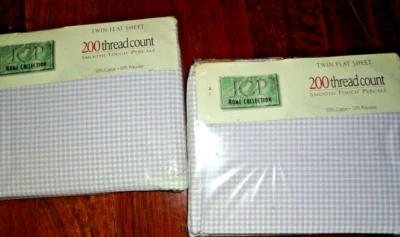 VINTAGE JCP PENNEY LILAC & WHITE GINGHAM CHECKS (2) TWIN FLAT SHEETS 66X96  SET - Image 1 of 4