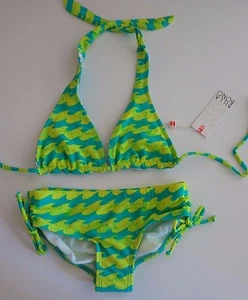 Billabong Little Girl's 5 2 Pc Bikini Swimsuit Reversible Aqua Blue Yellow Wave - Picture 1 of 3