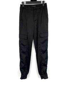 Pantalones de chándal Love Tree para mujer talla pequeña negros satinados bolsillo cargo tiro alto - Imagen 1 de 8
