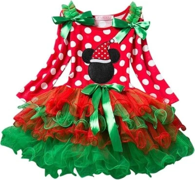 New Girls 6 Mouse Applique Christmas Dress Long Sleeve Ruffle Tutu Polka Dot - Image 1 of 4